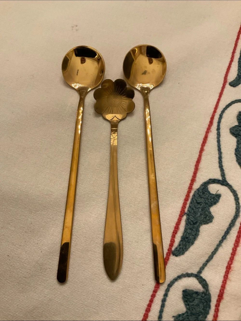 Set of 3 brass/ gold stainless entertaining spoons.  Perfect for dips and other.